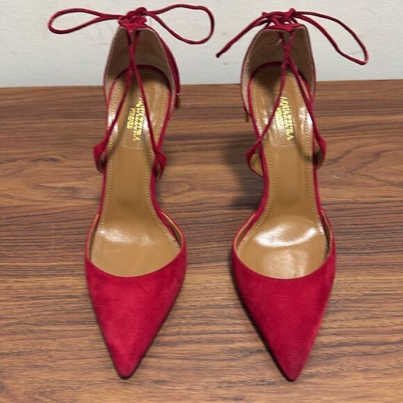 Aquazzura Matilde Crisscross Tie Back Pointed Toe Red Suede Pump. Size 37.5. - Picture 1 of 7